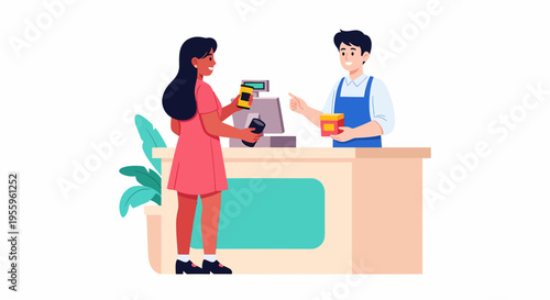 A woman in a pink dress is checking out her purchases at a supermarket or store counter with a male cashier.