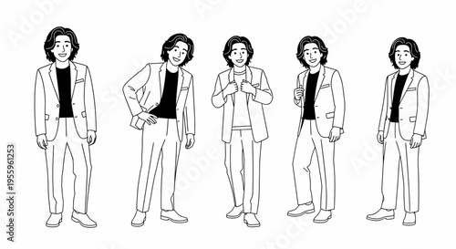 Five black and white line drawings of a man with long hair wearing a suit jacket and dark shirt in different poses.