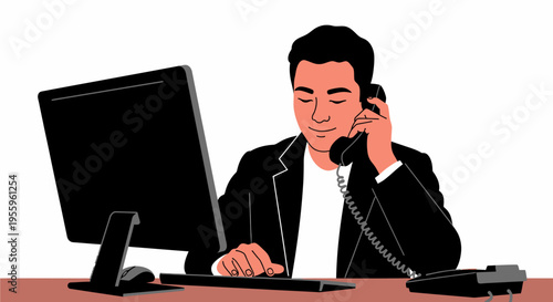 An illustration of a man working at a desk, talking on a landline phone while looking at a computer monitor.