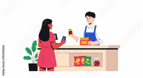 A flat illustration depicting a customer holding a smartphone at a store counter, interacting with a shopkeeper holding a product.
