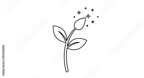 Minimalist Sprout with Stars Line Art Icon, Growing Plant Vector Illustration Isolated