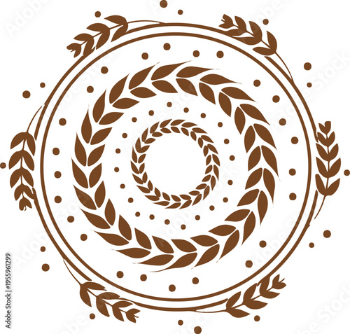 Brown wheat wreath circle with dots on transparent background, harvest grain decoration