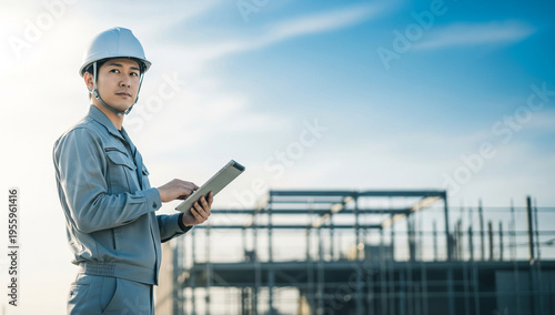 タブレットPCを持って建設現場に立つ日本人施工管理者のプロフェッショナルな姿