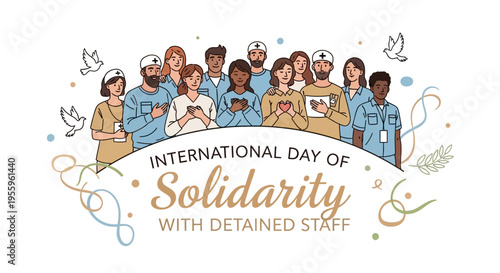 Illustration of diverse people supporting International Day of Solidarity with Detained Staff in a colorful, vector design with solidarity message.