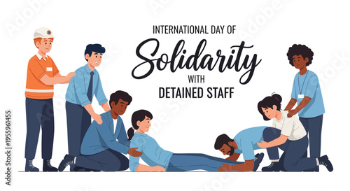 Illustration of people providing medical assistance, highlighting International Day of Solidarity with Detained Staff in a supportive and caring environment.