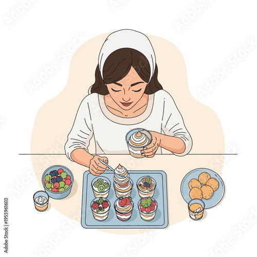 Woman preparing individual fruit and cream desserts on a tray with various ingredients