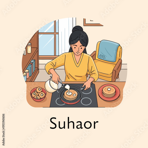 Woman happily making homemade pancakes in a cozy kitchen setting