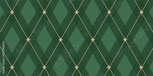 Christmas rhombus seamless pattern. Xmas plaid texture with gold line and stars. Green argyle geometric diamond abstract pattern. Christmas wrapping. Vector illustration isolated on green background.