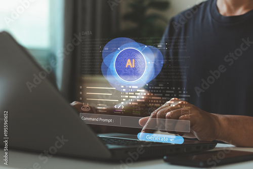 AI generation technology concept. Person typing on laptop, surrounded by digital AI icons, artificial intelligence tools for daily content creation and productivity. Unlock work potential with AI.