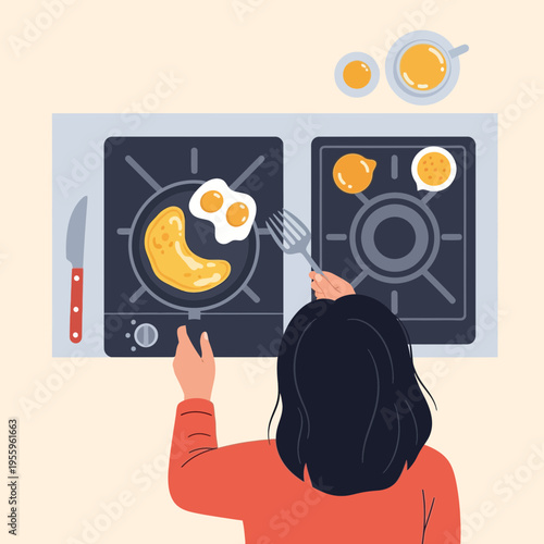 Woman Preparing a Delicious Omelette Breakfast on a Stove Top
