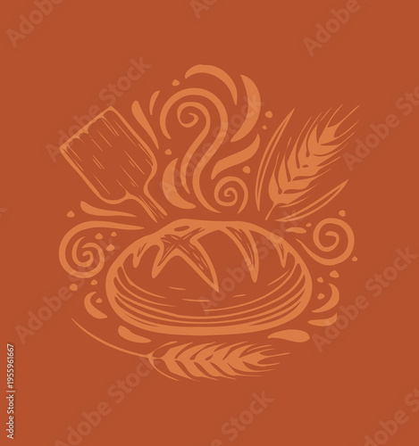 Hand drawn style sourdough bread vector illustration, artisan bakery doodle drawing logo, rustic boule with wheat stalks and baker tool, vintage bread making, baking, food icon, flat line art
