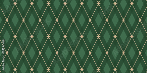 Christmas rhombus seamless pattern. Xmas plaid texture with gold line and stars. Green argyle geometric diamond abstract pattern. Christmas wrapping. Vector illustration isolated on green background.