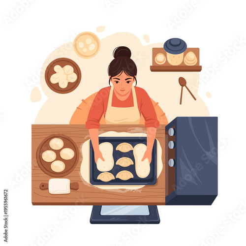 A skilled woman carefully prepares pastries on a wooden table, surrounded by baking ingredients and tools, with a modern oven ready.