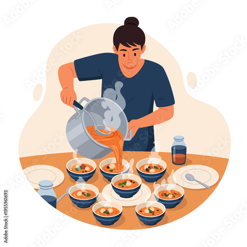 Person carefully pouring hot soup from a pot into multiple serving bowls on a table