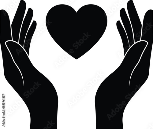 WebHands holding heart silhouette, concept of care, love, charity and support, black vector icon, isolated on a white background, design.