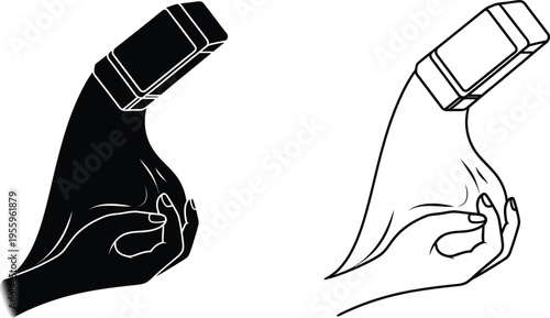 Hands holding smartphone black white Vector