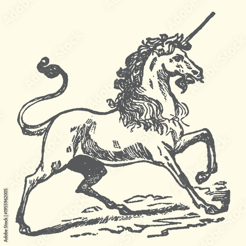 Majestic unicorn vector illustration depicting a mythical creature with a distinctive horn and flowing mane in a dynamic, antique art style graphic design.
