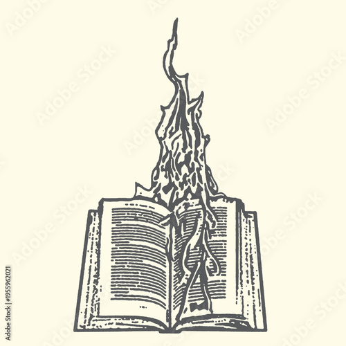 Dark gothic style vector illustration depicting an old open book emitting strange flickering flames and mystical energy against a plain background