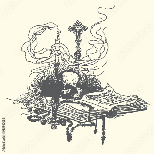 Detailed vector illustration featuring a somber memento mori still life composition with a skull, candle, ornate crucifix, old book, and rosary beads, evoking gothic spirituality.