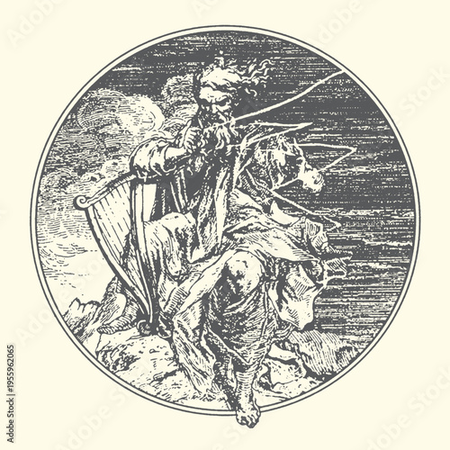 Ancient mythological vector graphic illustration depicting a powerful bearded man with flowing hair, holding a bow and arrow, riding a beast within a classical circular design.