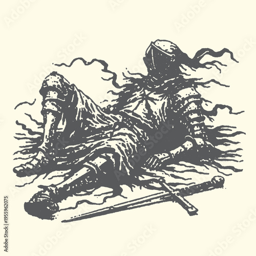 Exhausted medieval knight in full detailed armor rests while leaning upon his sheathed sword in a dark gritty vector illustration design