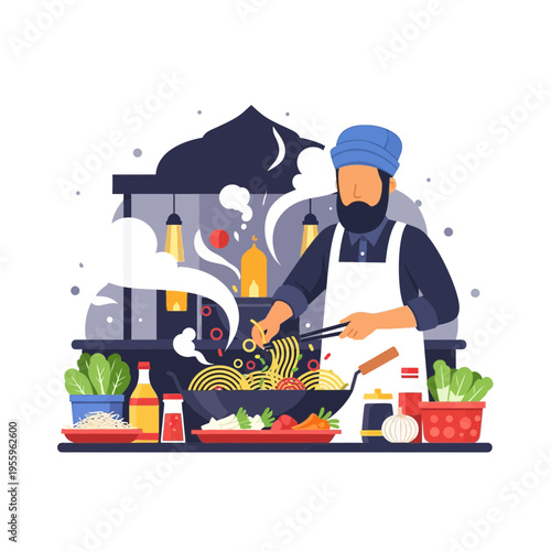 Skilled chef prepares delicious noodles in a steaming wok with fresh ingredients