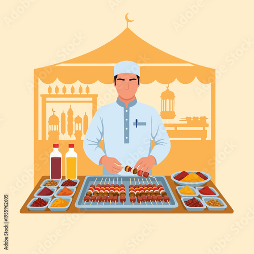 Muslim street food vendor preparing skewers with colorful spices at a festive market stall