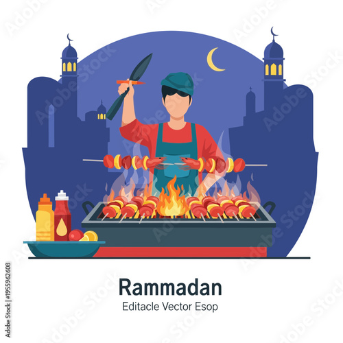 Ramadan food grilling celebration: A man cooks skewers on a barbecue in front of a cityscape at night