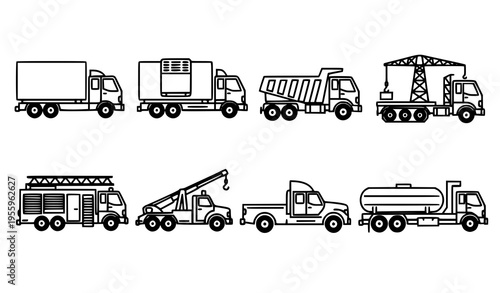 A set of various trucks and vehicles in a flat, minimalist design style
