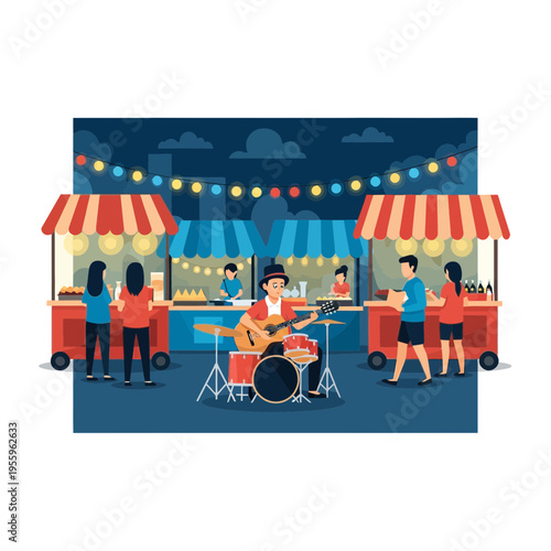 Street musician performing live music amidst food stalls and festive lights at a vibrant night market event
