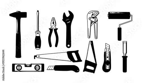A set of black and white silhouette tools for construction and repair work