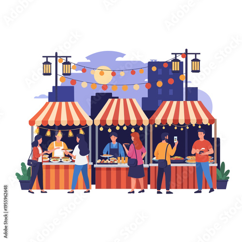 Vibrant street food market scene with diverse people shopping and vendors selling delicious food under string lights