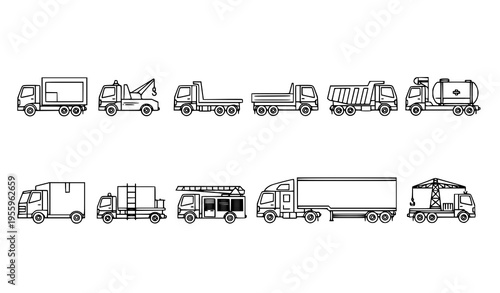 A set of various trucks and vehicles in a simple line art style