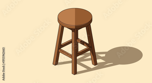 An artist renders a brown wooden stool on a beige background with shadow.
