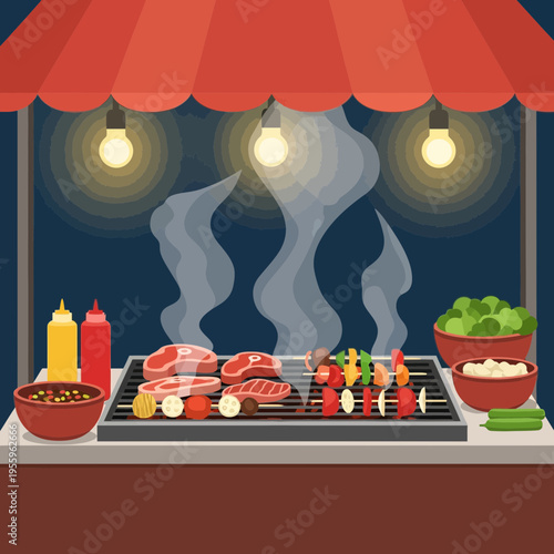 Vibrant food stall with smoke rising from a grill featuring steaks and skewers, illuminated by hanging lanterns