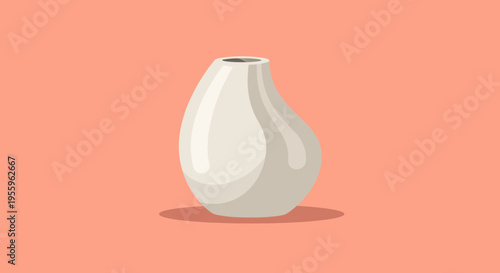 An illustration depicts a small white vase on a peach background with shadow.