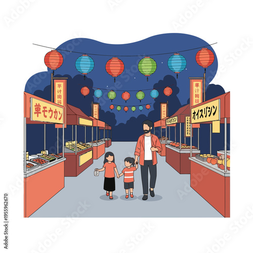 A father and two children walk through a lively night market filled with food stalls and colorful lanterns