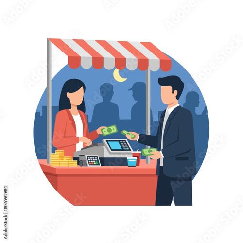 Customer making a payment at a busy outdoor market stall during the evening