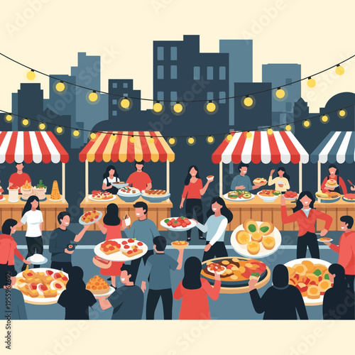 A lively street food market scene with diverse crowds enjoying food stalls under festive city lights.