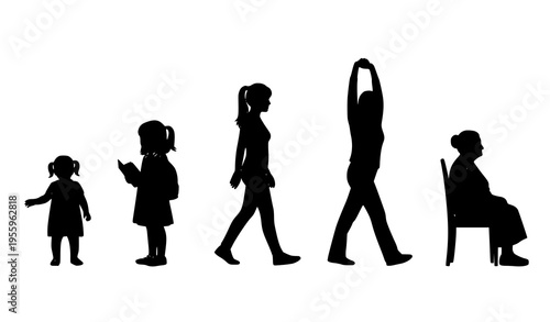 A vector graphic illustration of silhouettes of people at different ages
