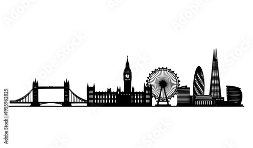 A black silhouette of London city skyline with iconic landmarks