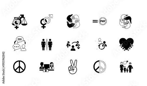 A set of black and white vector icons representing social justice and equality