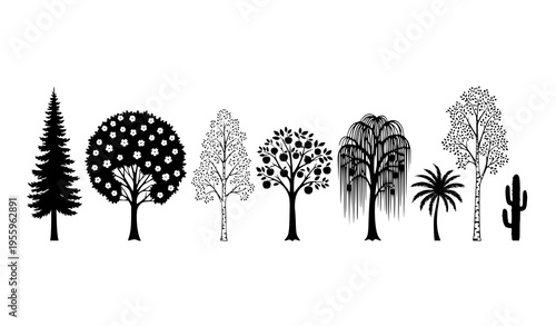 A set of various tree silhouettes in a flat design style