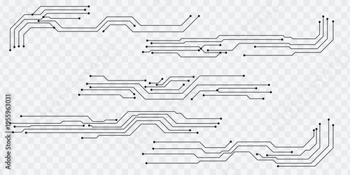 Set of abstract circuit board lines, futuristic tech digital connection elements on transparent.