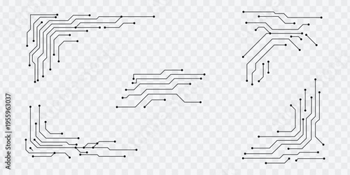 Set of abstract circuit board lines, futuristic tech digital connection elements on transparent.