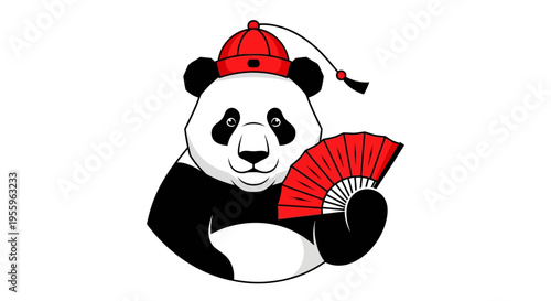 Panda bear in traditional Chinese attire with red hat and fan