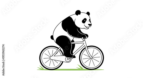 Panda bear riding bicycle outdoors in green grass