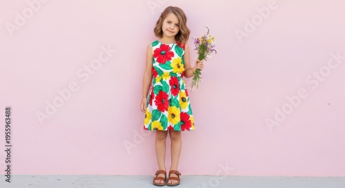A young girl stands against a pink wall holding colorful flowers in her hand.