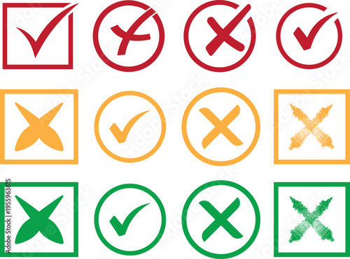 Check mark and red cross icon set, professional approved and rejected symbols, green tick and red cross collection, professional web design and mobile app illustration EPS 10
