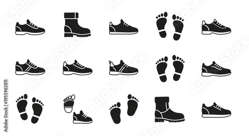 Collection of various footwear and footprints.
